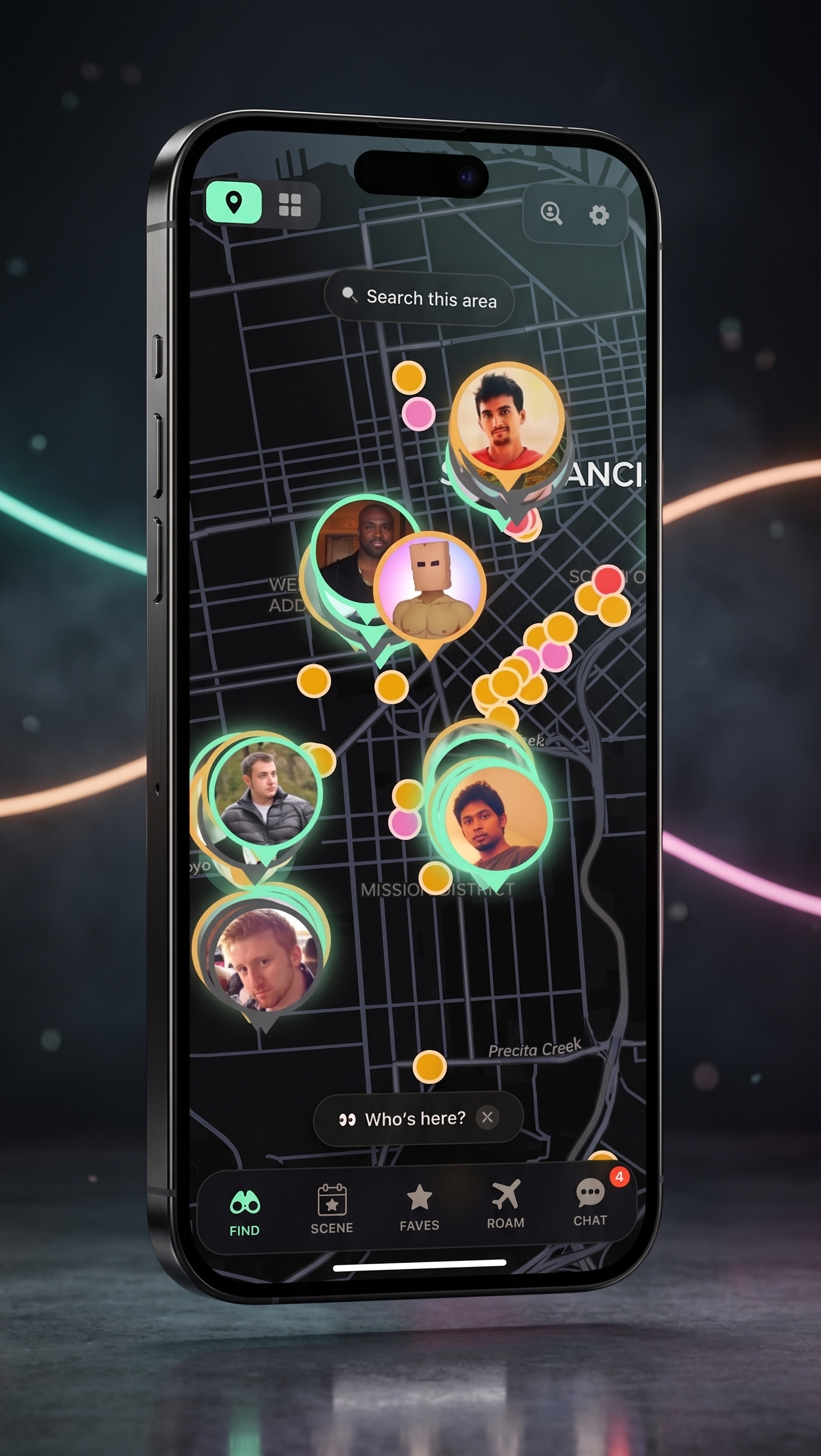 The Trick Dash app showing a live map of nearby people across the city