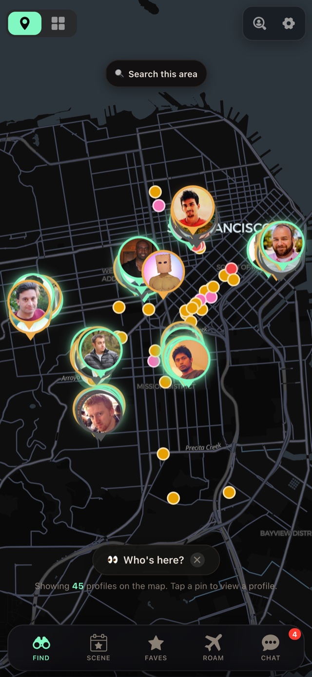 Trick Dash live map showing nearby profiles across the city