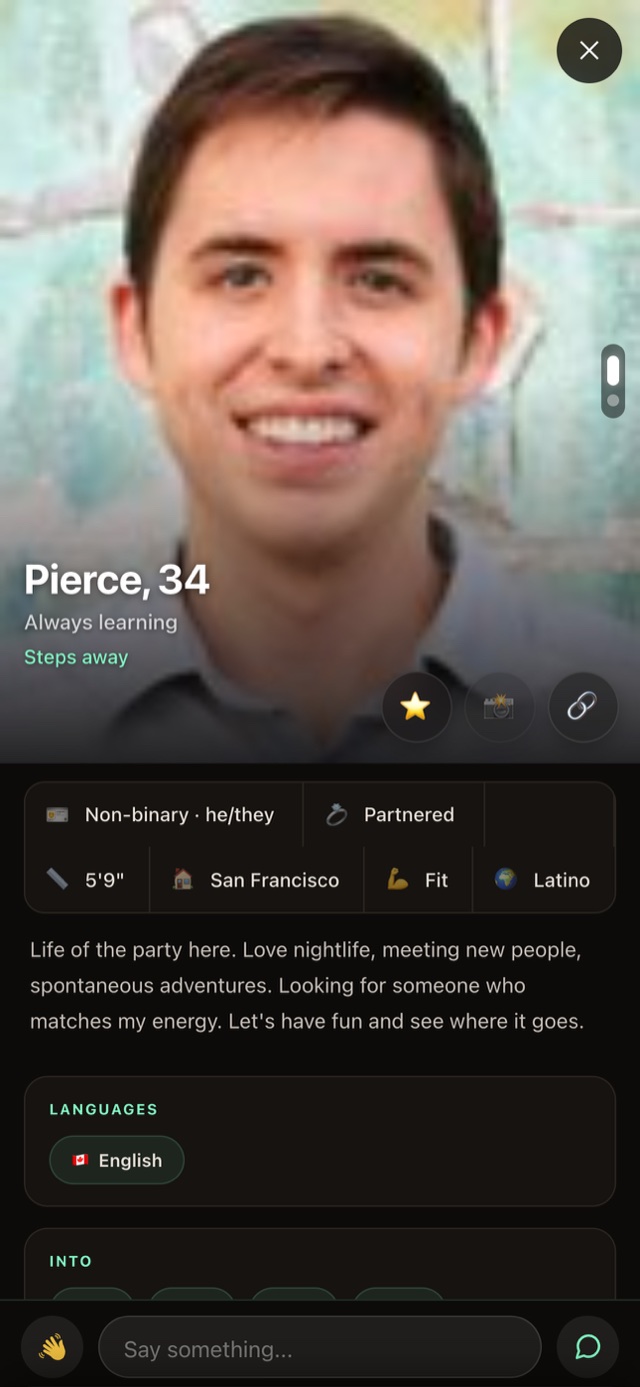 A rich profile with photos, interests, and details